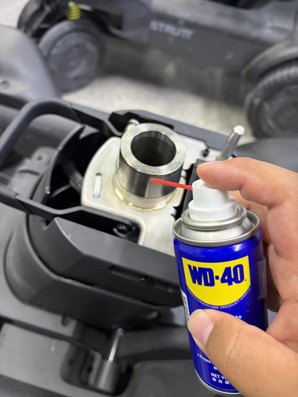 Apply lubricant to the main support and seat connection